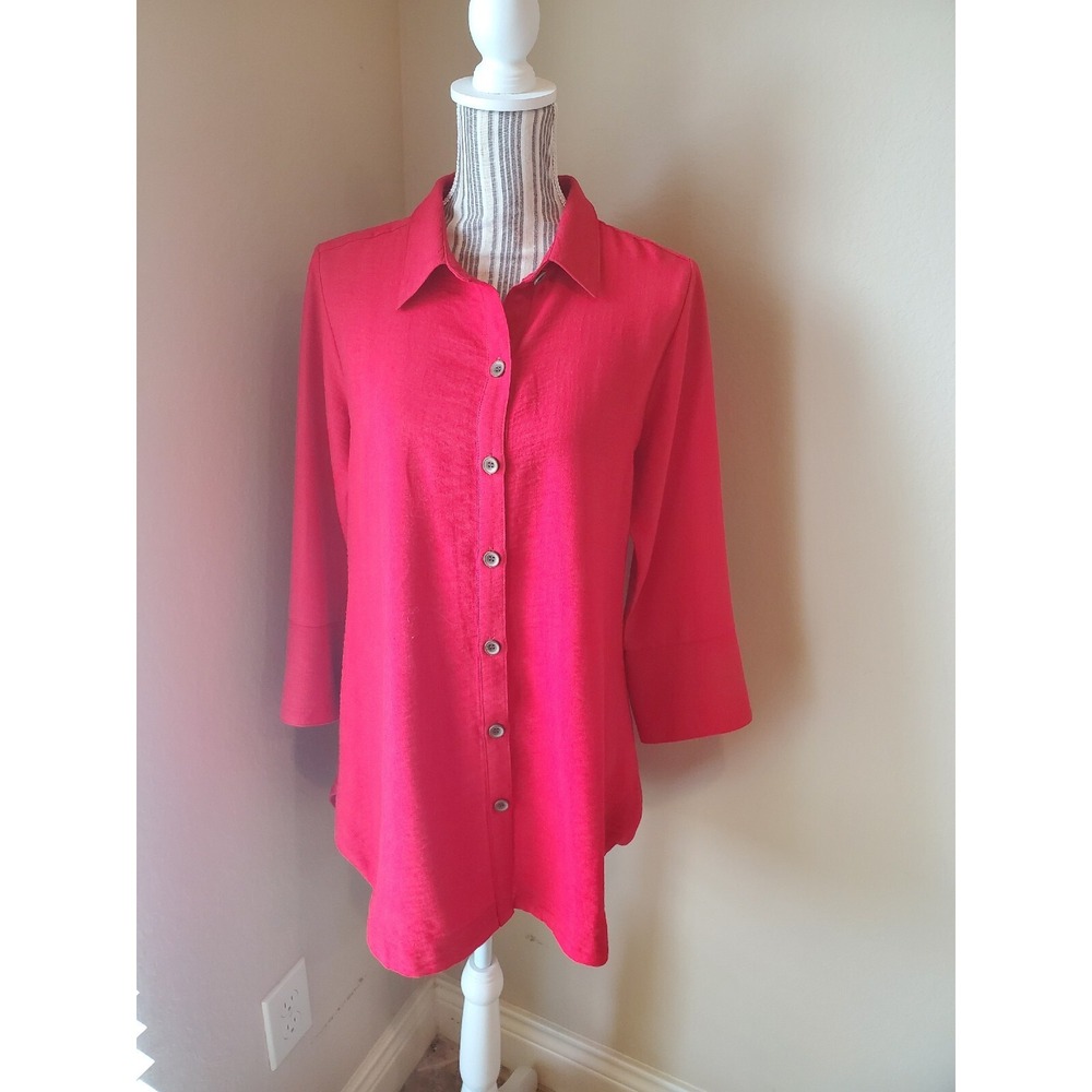 Boho Chick Tunic Women Button Down  Red, Size Medium 3/4 Sleeve Lagenlook‎